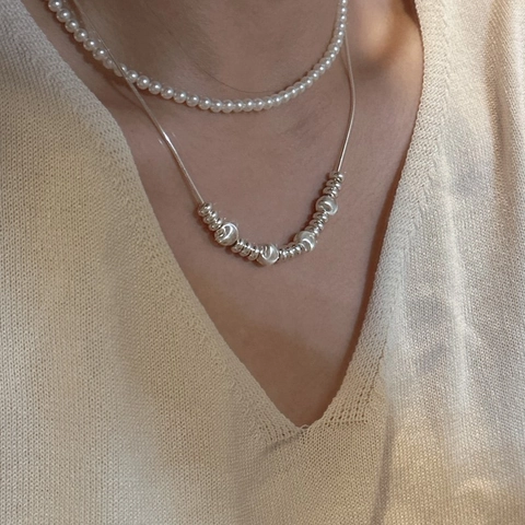 Collar de Cadena de Hueso de Serpiente Ajustable de Plata de Ley 925 para Mujer Cadena de Suéter Larga con Perlas Artificiales