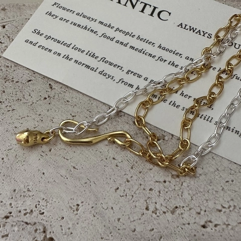 925 Sterling Silver Contrast Color Oval Link Chain Necklace For Women Gold Silver Patchwork Geometric Clasp Pendant Choker