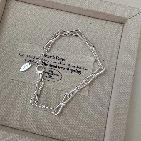Pulsera de Plata de Ley S925 con Lazo Anudado para Mujer Estilo Coreano Minimalista Joyería Vintage Cadena Ajustable