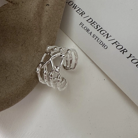 Elegante Anello Aperto a Croce Multistrato in Argento Sterling 925 Texture di Lava Minimalista Anello Geometrico Regolabile