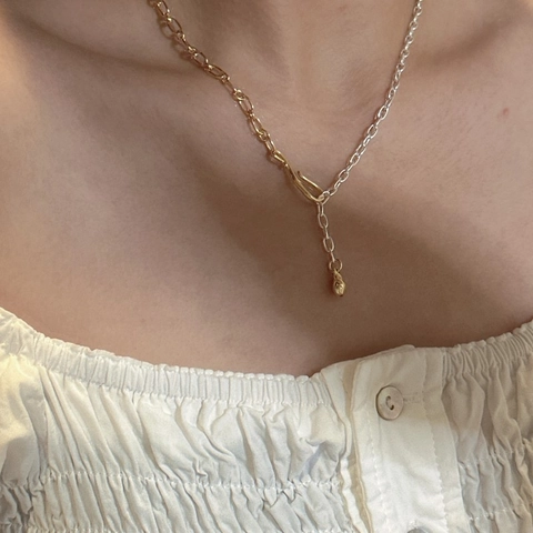 925 Sterling Silver Contrast Color Oval Link Chain Necklace For Women Gold Silver Patchwork Geometric Clasp Pendant Choker