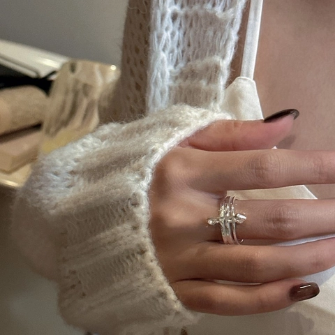 925 Sterling Silver Safety Pin Ring For Women Korean Minimalist Retro Triple Layer Open Adjustable Jewelry Ring