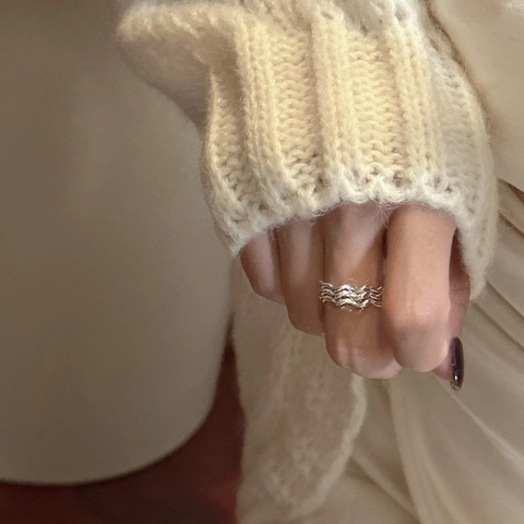 925 Sterlingsilber Wellenring Für Damen Minimalistisch Mehrlagig Verstellbarer Offener Fingerring Nischen-Design Modeschmuck
