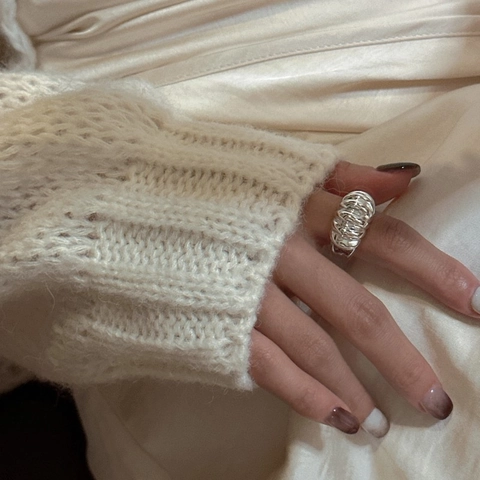 S925 Sterling Silver Croissant Ring For Women Minimalist Ribbed Open Adjustable Band Ring Retro French Fashion Jewelry