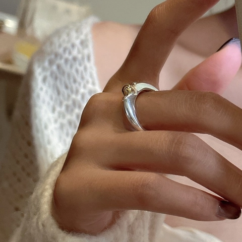 S925 Sterling Zilveren Open Ring Goud Zilver Tweekleurig Minimalistisch Verstelbaar Geometrisch Kraal Vingerring Voor Dames Sieraden