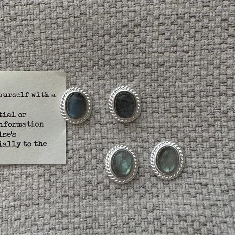 Vintage 925 Sterling Silver Labradorite Stud Earrings Oval Natural Stone Twisted Border Minimalist Jewelry For Women