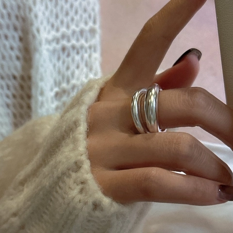 Minimalist 925 Sterling Silver Double Layer Adjustable Open Ring For Women Vintage Matte Silver Geometric Finger Ring Jewelry Gift