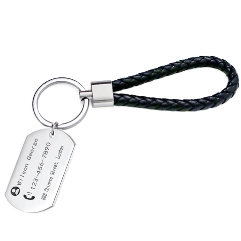 Stainless Steel Dog Tag Keychain With Braided Leather Strap Anti-Lost Car Key Ring Personalized Metal Pendant Gift For Men Women