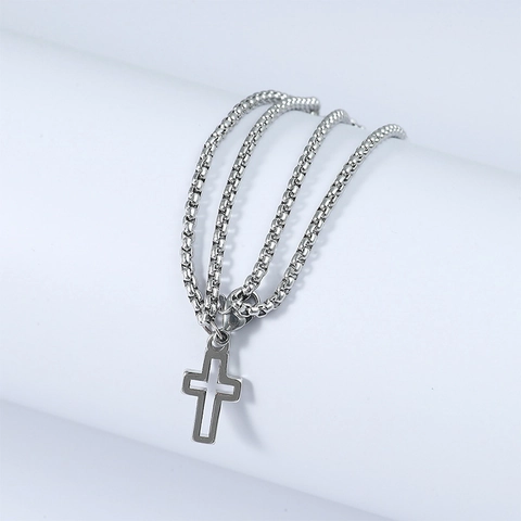 Pulsera de Hombre de Doble Capa de Acero Inoxidable con Colgante de Cruz Cadena de Caja Joyería Punk Religiosa Moda