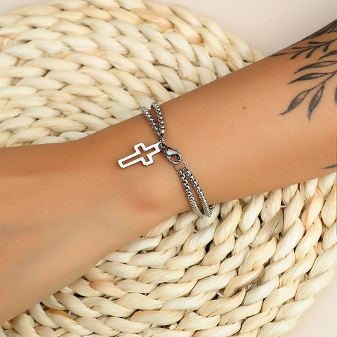 Pulsera de Hombre de Doble Capa de Acero Inoxidable con Colgante de Cruz Cadena de Caja Joyería Punk Religiosa Moda