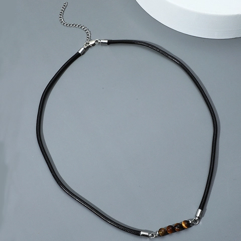 Collana di Perle in Pietra Occhio di Tigre Naturale per Uomo Donna Cordino Intrecciato in Pelle Nera Fatto a Mano Chiusura in Acciaio Inossidabile Gioielli