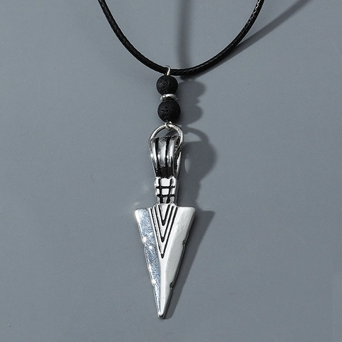 Collana con Ciondolo a Punta di Lancia da Uomo Vintage in Lega a Freccia Geometrica con Perline Nere Corda Cerata Punk