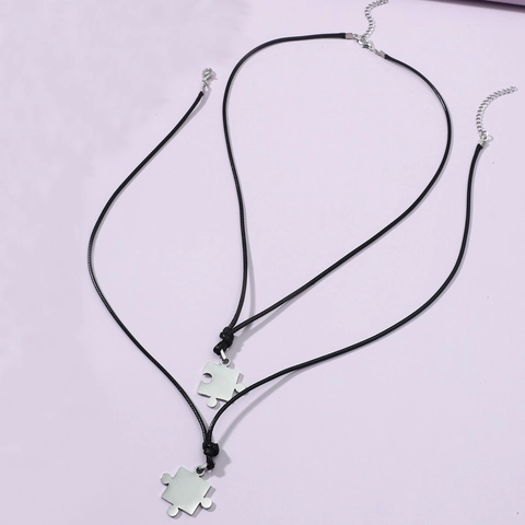 Minimalist Stainless Steel Puzzle Pendant Necklace With Adjustable Black Wax Cord Jewelry Gift For Couples Friends Women Men