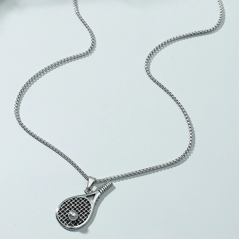 Silver Color Alloy Tennis Racket Pendant Necklace With Box Chain Sporty Style Unisex Jewelry For Sports Lovers Gift