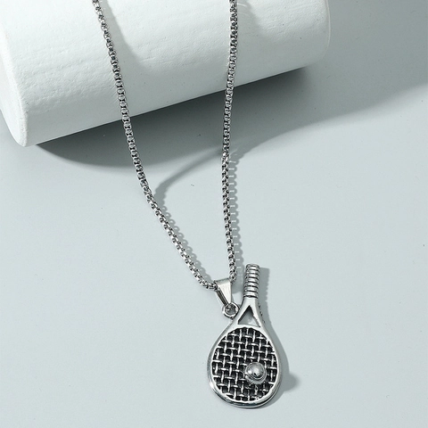 Silver Color Alloy Tennis Racket Pendant Necklace With Box Chain Sporty Style Unisex Jewelry For Sports Lovers Gift