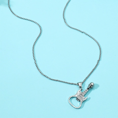 Retro Hombre Rock Punk Calavera Guitarra Colgante Collar Con Abridor De Botellas Aleación Estilo Música Joyería Para Hombre Regalo