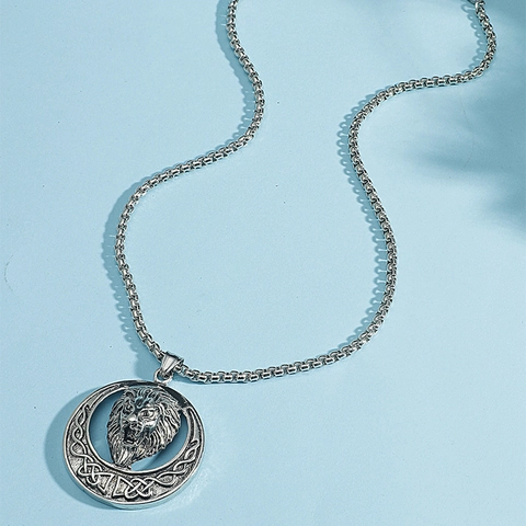 Collar de Colgante Cabeza de León Hip Hop Vintage Punk Nudo Celta Redondo Animal Relieve Aleación Joyería para Hombre Street Style