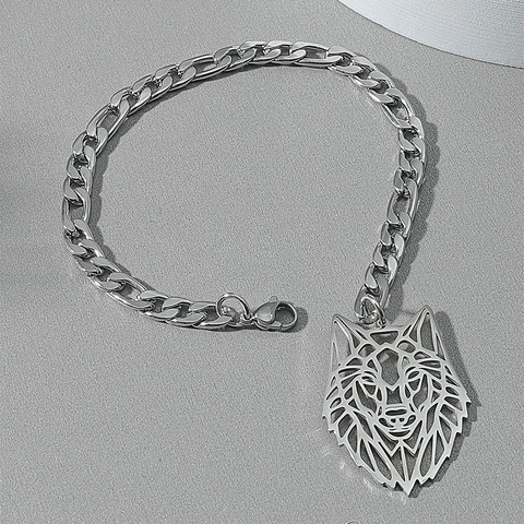Pulsera de Acero Inoxidable para Hombre con Cabeza de Lobo Hueca Geométrica Cadena Fígaro Estilo Punk Joyería de Metal