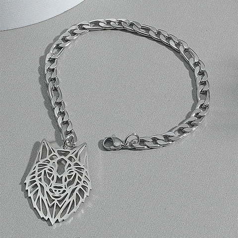 Pulsera de Acero Inoxidable para Hombre con Cabeza de Lobo Hueca Geométrica Cadena Fígaro Estilo Punk Joyería de Metal