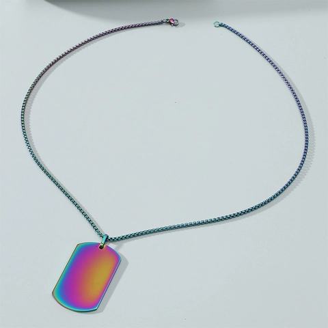 Collana Dog Tag Arcobaleno Iridescente in Acciaio Inossidabile Lucidato per Uomo Donna Ciondolo Rettangolare Hip Hop Gioielli