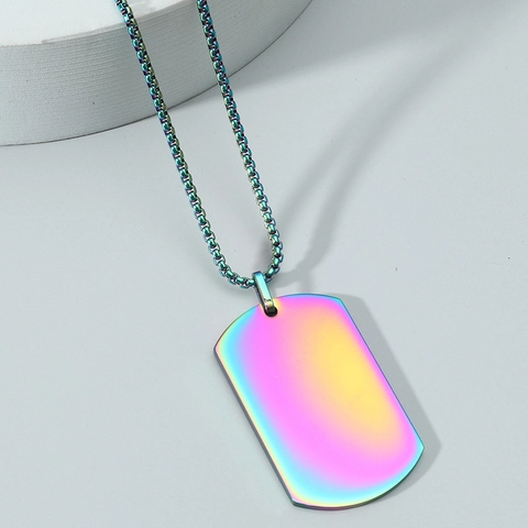 Collana Dog Tag Arcobaleno Iridescente in Acciaio Inossidabile Lucidato per Uomo Donna Ciondolo Rettangolare Hip Hop Gioielli