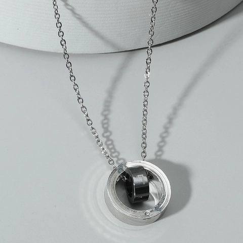 Dubbele Ring Hanger Ketting Roestvrij Staal Legering Strass Zwart Zilver Geometrische Cirkel Ketting Heren Vrouwen Sieraden