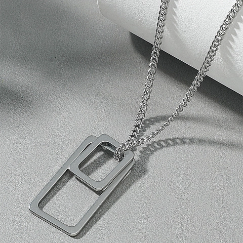 Collar con Colgante Cuadrado Geométrico Doble de Aleación de Acero Inoxidable Minimalista para Hombre Mujer Joyería de Cadena Box de Estilo Frío