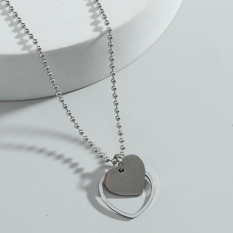 Minimalistische Halskette Mit Doppelherz Anhänger Edelstahl Legierung Mehrlagige Kugelkette Silberfarben Geometrischer Choker Schmuck