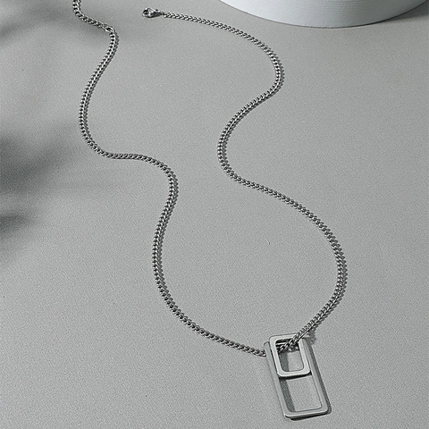 Collar con Colgante Cuadrado Geométrico Doble de Aleación de Acero Inoxidable Minimalista para Hombre Mujer Joyería de Cadena Box de Estilo Frío