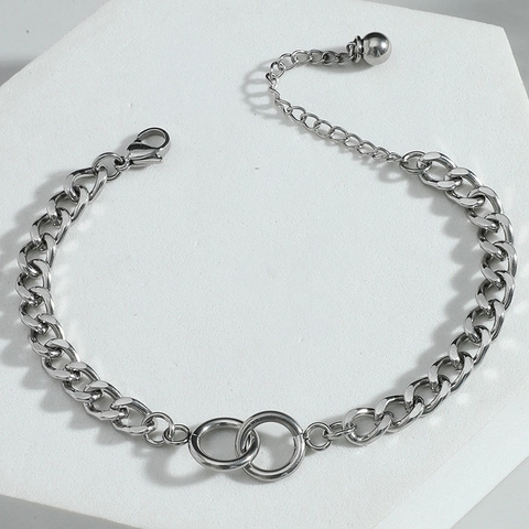 Einfaches Hip-Hop Edelstahl Doppel Ineinandergreifende Ring Armband Für Damen Herren Silber Panzerkette Verstellbar Schmuck Geschenk