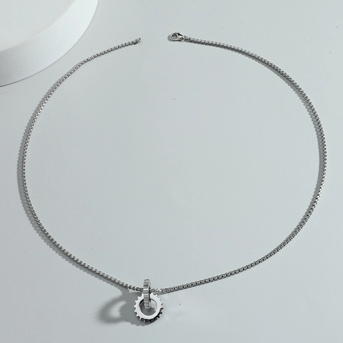 Industrial Style Stainless Steel Double Gear Pendant Necklace Unisex Mechanical Punk Jewelry Steel Color Box Chain Neck Decor