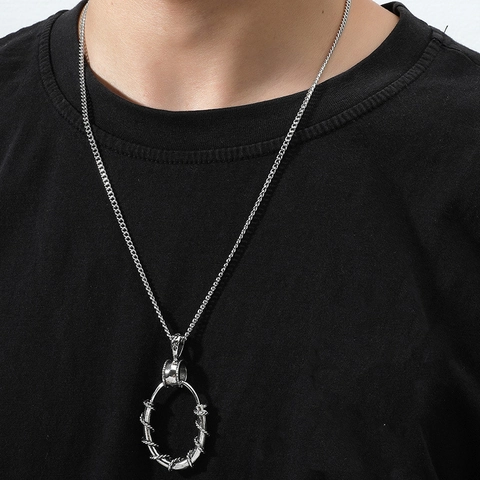 Collar con Colgante Ovalado Envuelto en Espinas de Acero de Titanio Vintage Punk Hip Hop Estilo Industrial Joyería Unisex Regalo