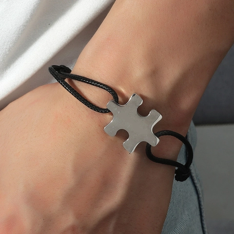 Bracciale in Corda Intrecciata con Ciondolo a Puzzle in Acciaio Inossidabile Minimalista per Gioielli da Polso Regolabili Unisex