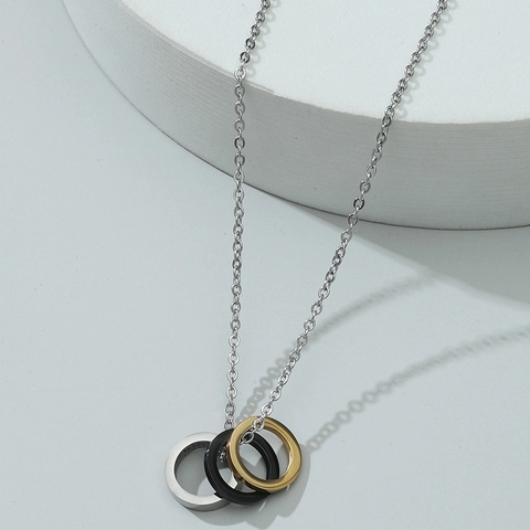 Minimalist Stainless Steel Interlocking Triple Ring Pendant Necklace For Men Women Geometric Industrial Tri Color Polished Fashion Jewelry