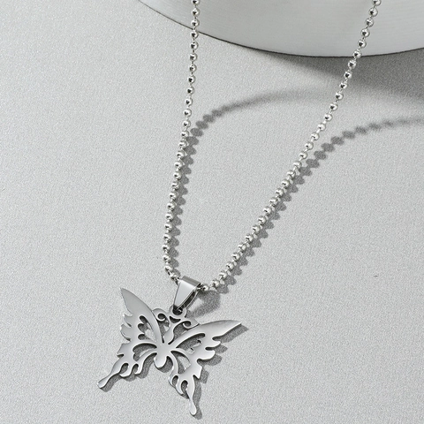 Halsketting Roestvrij Staal Titanium Staal Uitgesneden Vlinder Hanger Punk Hip Hop Bolletjesketting Zilveren Sieraden Heren Dames