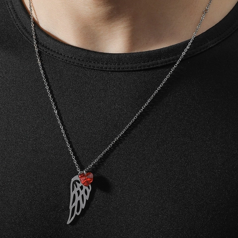 Collar de Pendiente de Corazón y Ala de Ángel de Acero de Titanio Collar de Amuleto Minimalista con Ala de Corazón de Strass Rojo