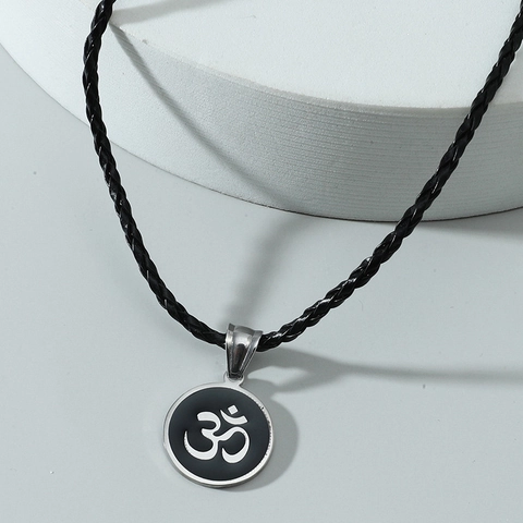 Stainless Steel Round Pendant Necklace Men Gothic Leviathan Cross Om Symbol Black Leather Braided Rope Chain Jewelry