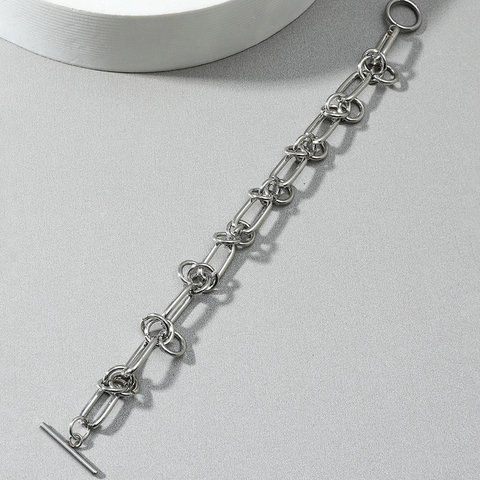 Bracciale a Catena Geometrica in Acciaio Inossidabile Minimalista Argento Stile Industriale Chiusura a T Braccialetto per Uomo Donna Gioielli