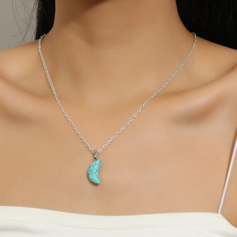 Collana con Ciondolo a Luna in Turchese Minimalista Vintage Catena in Metallo Lega Cordino Nero Mezzaluna Gioielli Retro per Uomo Donna