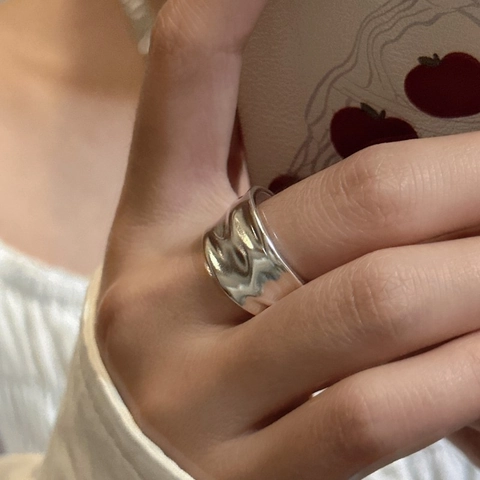925 Sterling Silver Wrinkled Irregular Wave Open Ring For Women Minimalist Vintage Wide Finger Band Electroplated Fashion Jewelry Gift