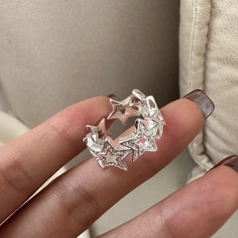 S925 Sterling Silber Hohl Verbundene Sterne Ring Für Damen Koreanischen Minimalismus Retro Verstellbare Strass Finger Schmuck Geschenk