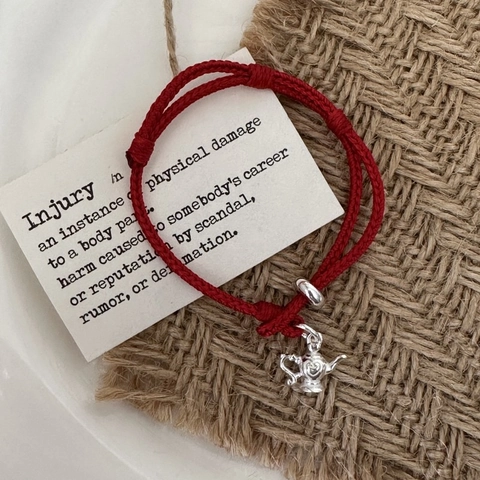 Bracciale in Corda Intrecciata Rossa Con Ciondolo Teiera in Argento Sterling 925 Regolabile Semplice Retrò Moda Gioielli Fatti a Mano