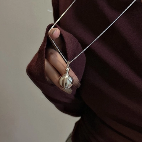 Vintage S925 Sterling Silver Sphere Pendant Necklace Minimalist Round Box Chain Sweater Chain For Women Geometric Jewelry