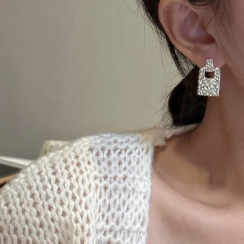 925 Sterling Silver Rectangular Stud Earrings For Women Minimalist Hammered Texture Geometric Hollow Ins Style Jewelry