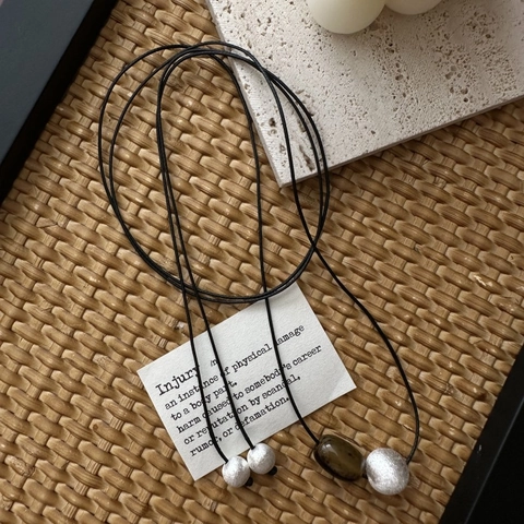 Vintage 925 Sterling Silver Frosted Ball Necklace Long Black Cord Sweater Chain Brown Bead Simple Geometric Jewelry Women