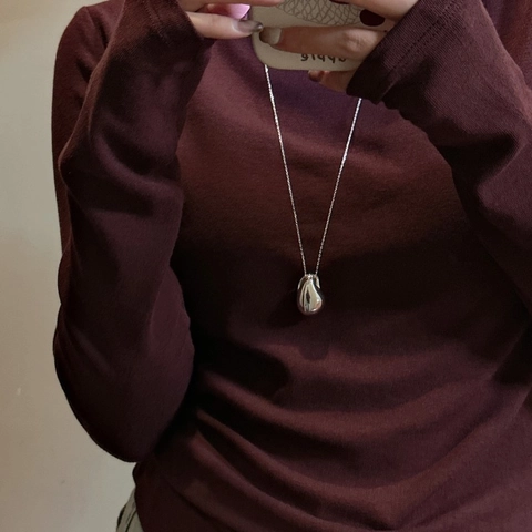 925 Sterling Silver Water Drop Pendant Necklace For Women Minimalist Bean Shape Long Chain Vintage Sweater Chain Jewelry
