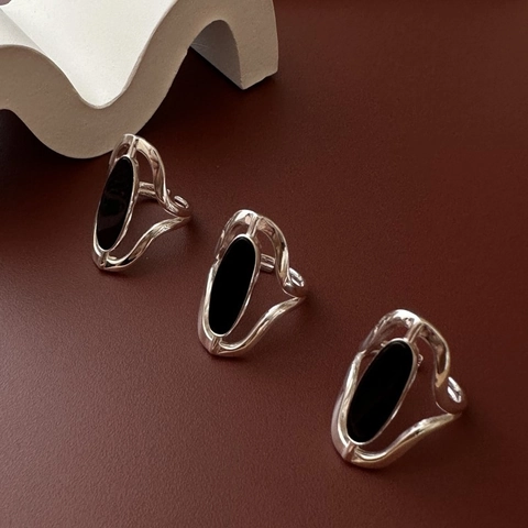 Minimalist 925 Sterling Silver Oval Black Agate Slice Ring For Women Niche Design Adjustable Open Band Fashion Jewelry