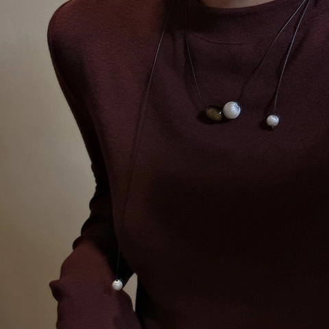 Vintage 925 Sterling Silver Frosted Ball Necklace Long Black Cord Sweater Chain Brown Bead Simple Geometric Jewelry Women