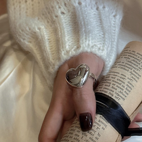 925 Sterling Zilveren Hart Open Ring Voor Dames Minimalistisch Spiegel Gepolijst Verstelbare Vingerring Vintage INS Stijl Sieraden