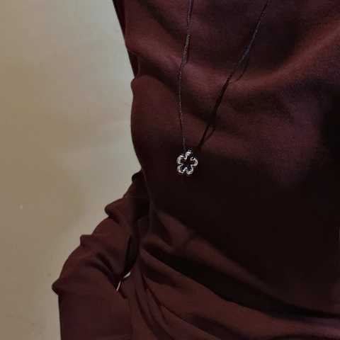 S925 Sterling Silver Hollow Flower Pendant Necklace For Women Retro INS Style Black Rope Chain Minimalist Floral Jewelry Gift